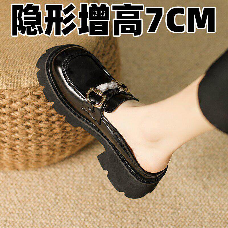 小个子~真皮包头半拖鞋女 外穿厚底英伦风小皮鞋无后跟懒人内增高