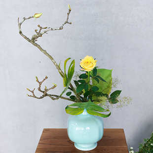 小原流豆青瓶 花瓶花器瓶花文人调投入花中式日式花道插花 送底座