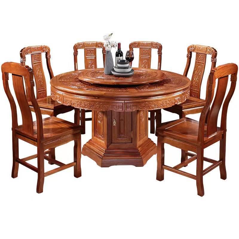 全实木餐桌中式花梨木雕花客厅家用大圆桌一桌八椅仿古餐桌椅组合
