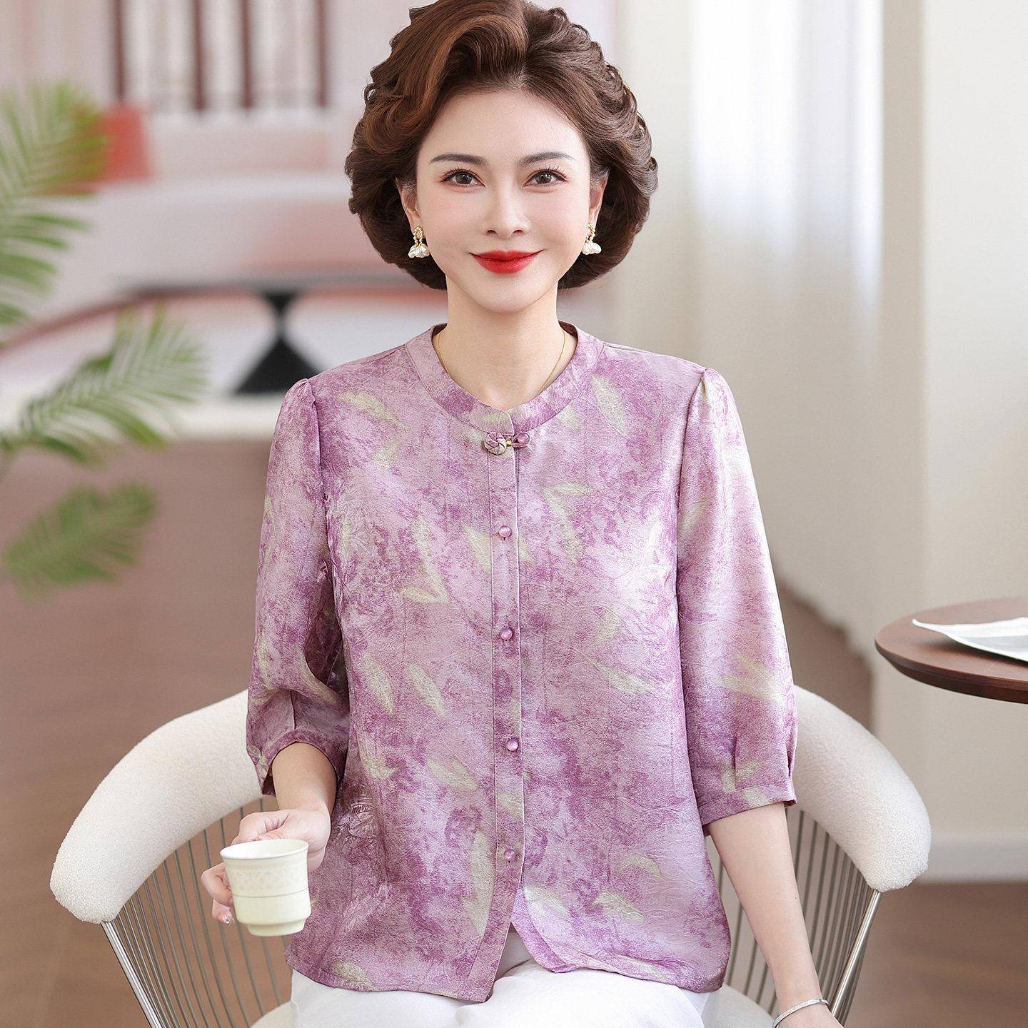 时尚中年衬衫女印花夏装桑蚕丝100%套装妈妈真丝立领上衣七分袖薄