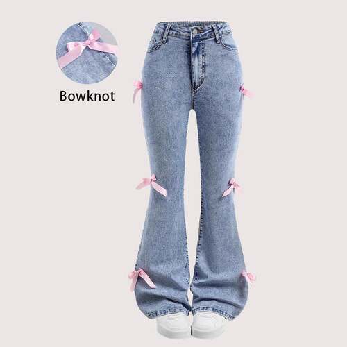 Cute Bow Decor High-Waisted Flare Jeans Preppy Slim-Fit