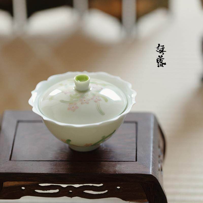 束刻古青棱花盖碗水仙并时釉下彩手工手绘泡茶茶碗陶瓷高档茶具