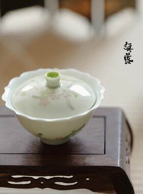 束刻古青棱花盖碗水仙并时釉下彩手工手绘泡茶茶碗陶瓷高档茶具