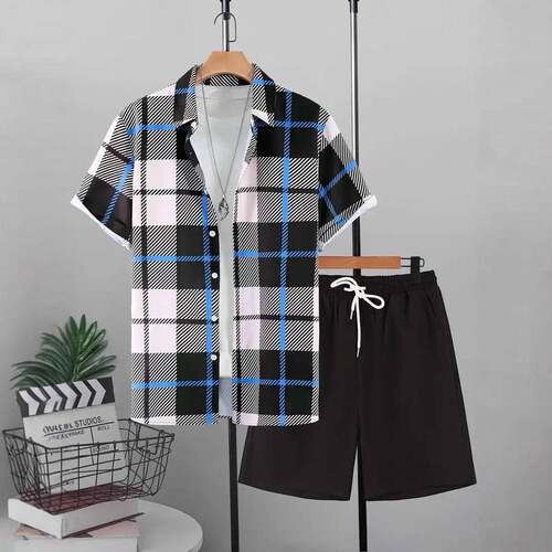 Men's Black, White & Blue Plaid Home Loungewear 2-Piece Set