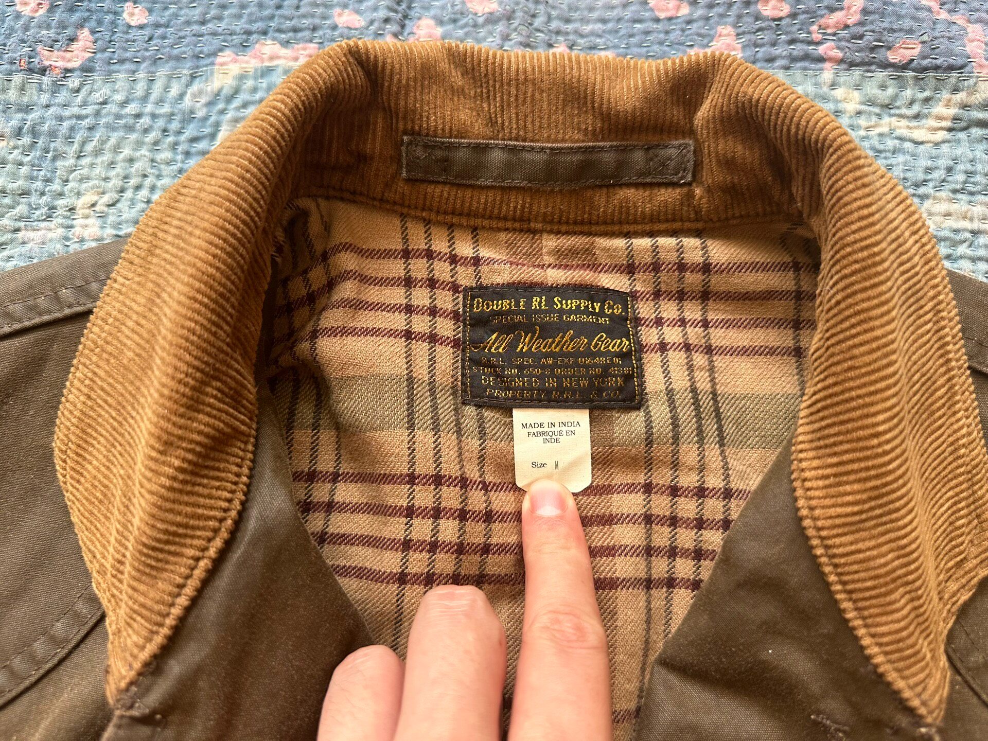 RRL Brown Waxed Hunting Jacket — label