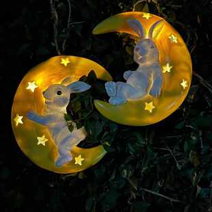 太阳能可爱小兔子月亮灯庭院户外民宿造景树挂装饰品墙面花园摆件