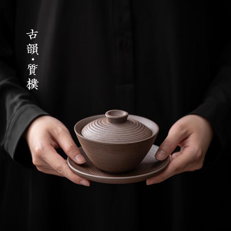 六天覆古粗陶盖碗德化大号手工茶碗陶瓷无釉三才碗茶具配件泡茶器