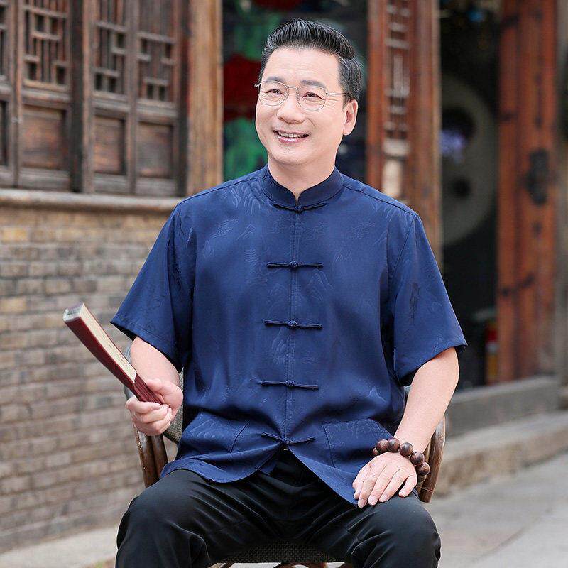 中国风中老年人唐装男夏季短袖爸爸薄款冰丝绸缎套装爷爷夏天衣服