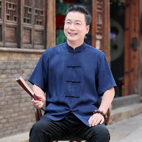 中国风中老年人唐装男夏季短袖爸爸薄款冰丝绸缎套装爷爷夏天衣服