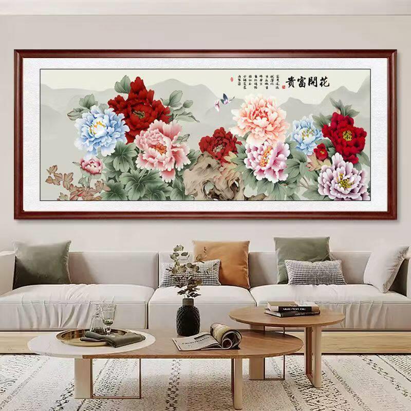 花开富贵客厅装饰画新中式沙发背景墙国画牡丹花简约实木已裱挂画