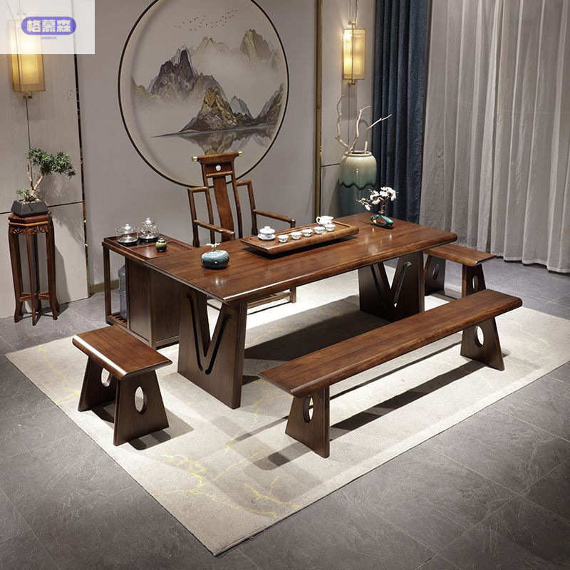 新中式乌金木大板实木茶台茶桌椅组合办公茶桌椅客厅家用泡茶桌