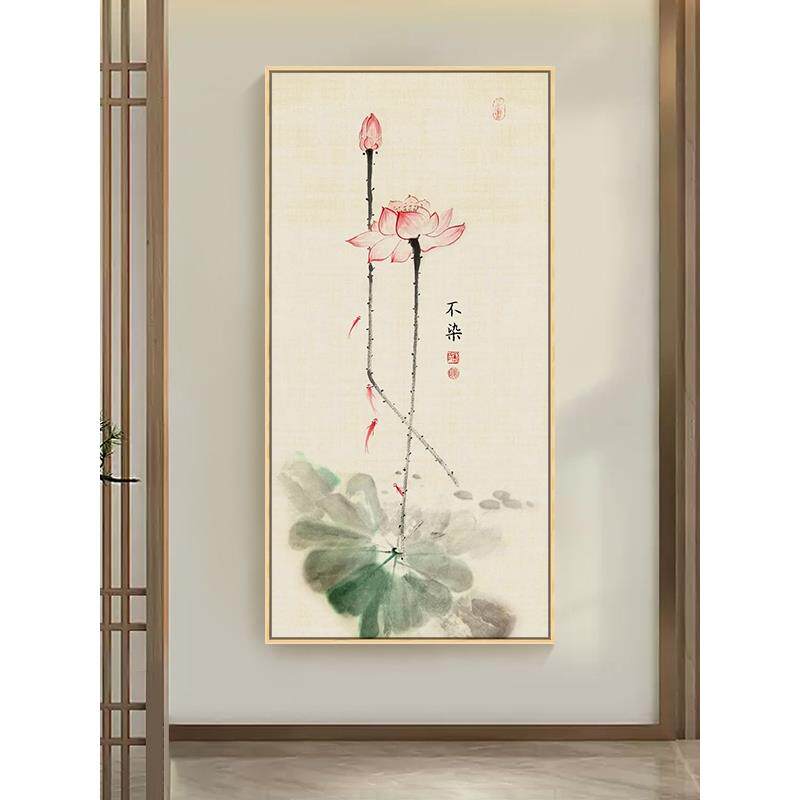 新中式水墨荷花玄关装饰画走廊尽头竖版壁画客厅茶室挂画2025新款