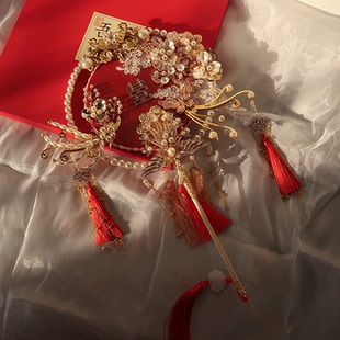 9JO中式 喜扇秀禾扇新娘结婚出嫁团扇双面古风长柄成品手工diy材料