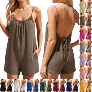 Women's Solid Backless Cami Romper, Casual Spaghetti Strap
