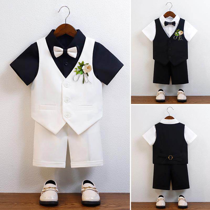 跨境外贸儿童西装礼服夏季新款英伦马甲短袖套装男童毕业摄影服装