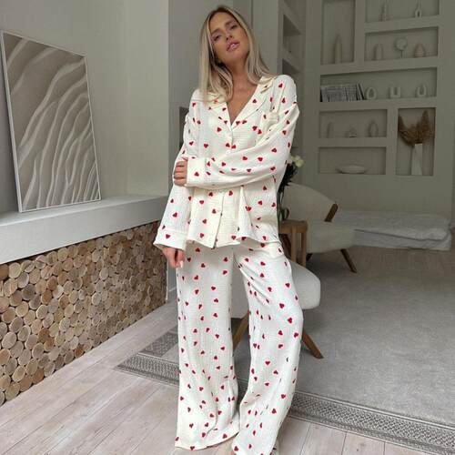 Women Valentine Day Bubble Heart Sleepwear Set Sleeve