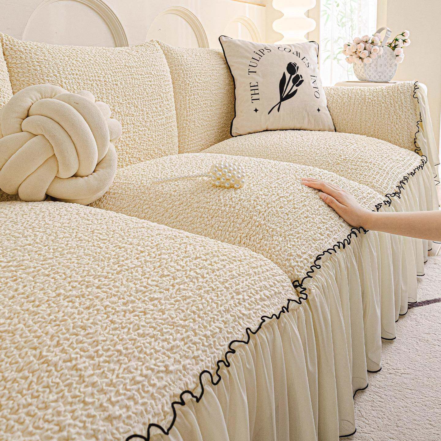 法式奶油风沙发巾四季通用2026新款泡泡纱一整张全盖防滑坐垫盖布