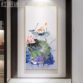 网红新玄关(新玄关)装饰画，花简鸟风景肌竖理，手绘油画荷花走廊过中道约挂画