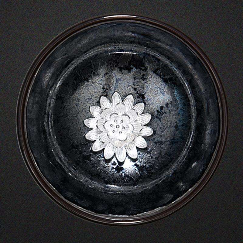 油滴蓝 星空天目建盏茶杯 镶银茶杯 品茗杯 银鱼茶杯茶具 小茶盏