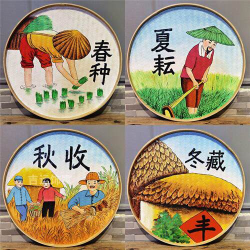 手绘圆竹编簸箕画田园休闲农场墙面装饰画复古怀旧美丽乡村振兴挂