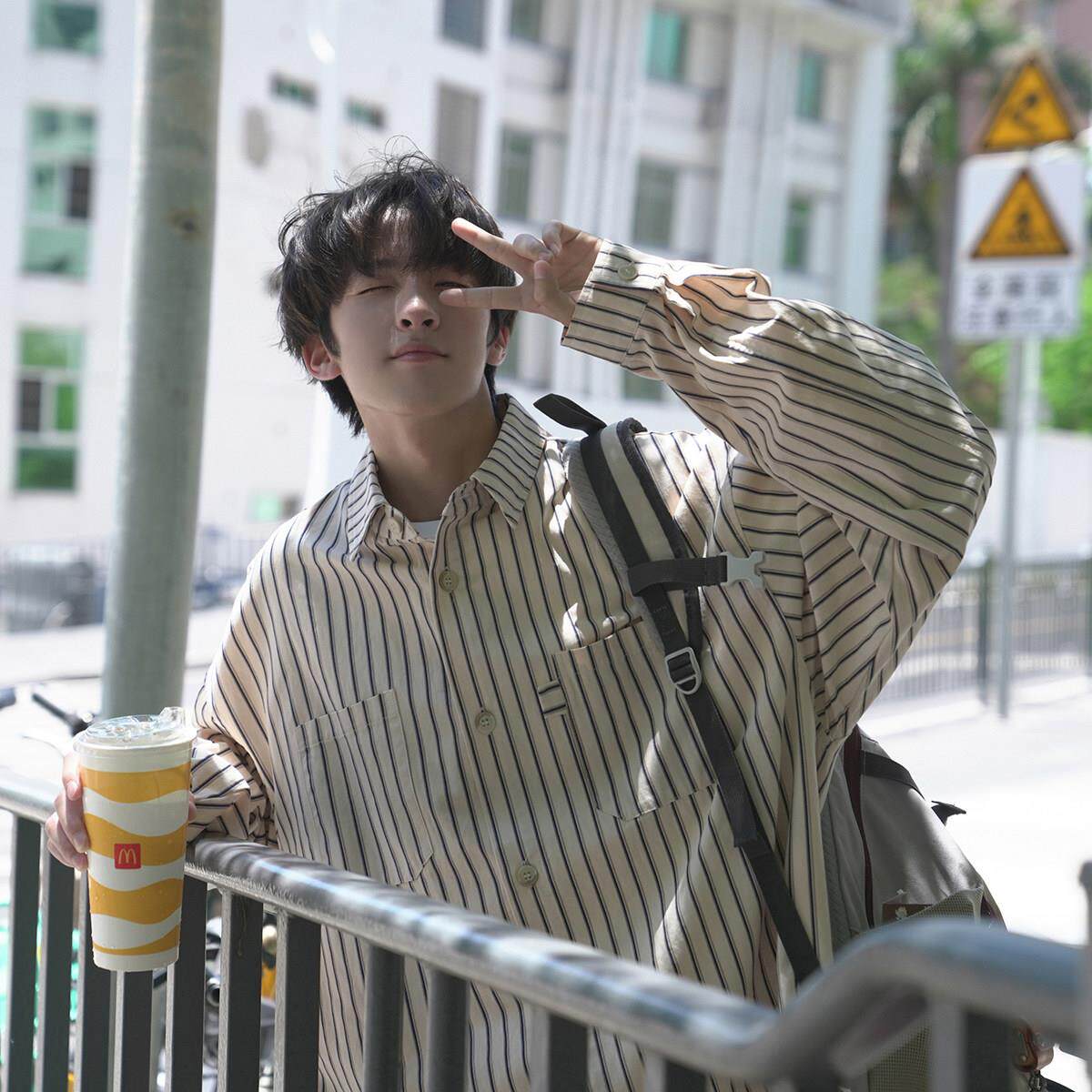 GOGOSOON男生杏色条纹长袖衬衫纯棉内搭上衣春秋款日系休闲 少年