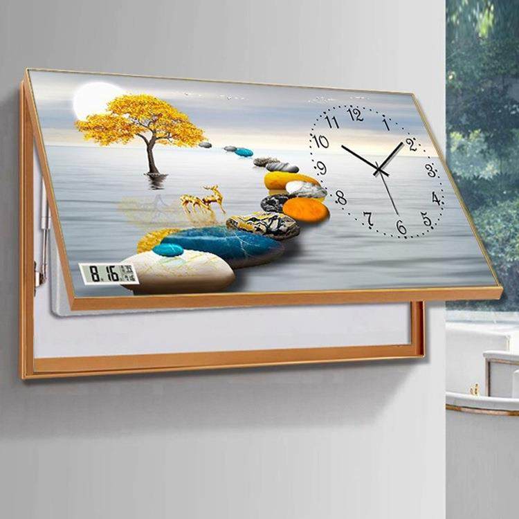 万年历电子钟表电表箱上翻挂钟客厅家用现代轻奢餐厅遮挡箱装饰画