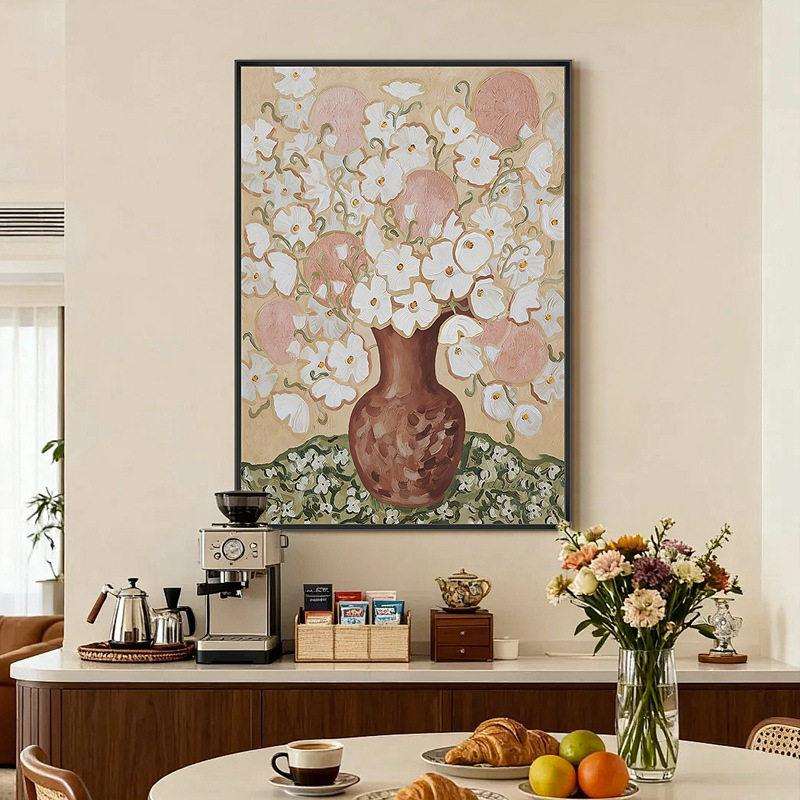 中古风抽象花卉玄关手绘油画客厅大幅花朵肌理装饰画古典复古挂画