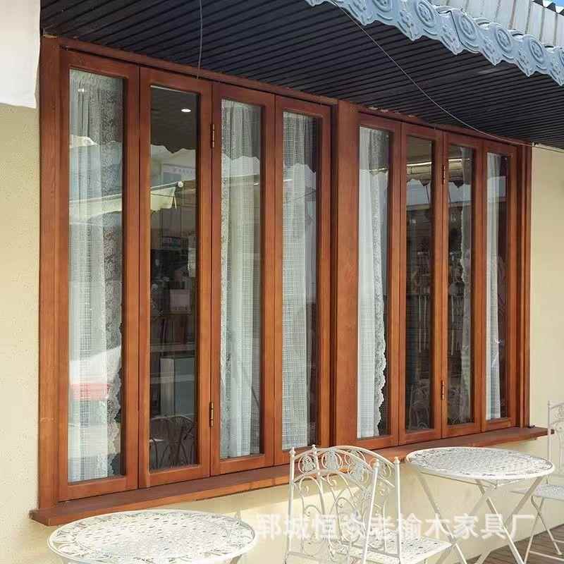 老榆木推拉窗老式左右折叠窗户实木网红甜品店复古玻璃门窗民宿窗图片