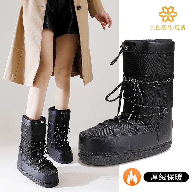 跨境新品户外太空靴黑色时尚滑雪圆头雪地靴女加厚保暖高筒雪地靴
