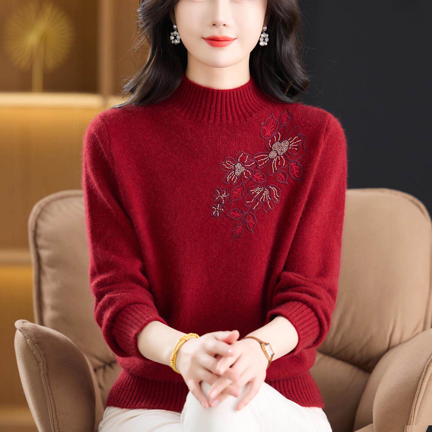 妈妈装红色半高领羊绒衫绣花双股加厚保暖打底衫中老年女毛衣内搭