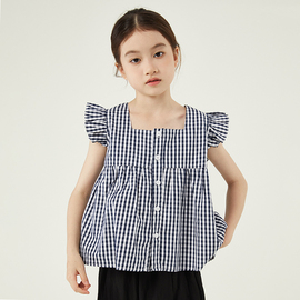 韩国童装女童森系格子无袖衬衫上衣2024夏季儿童小飞袖娃娃衫