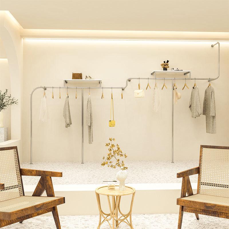 服装店挂衣杆带板陈列不锈钢银色衣服架女装货架落地式上墙展示架