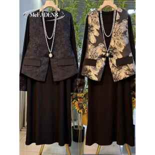 香港胖mm新国风提花盘扣马甲打底连衣裙2024冬大码高级感时尚套装