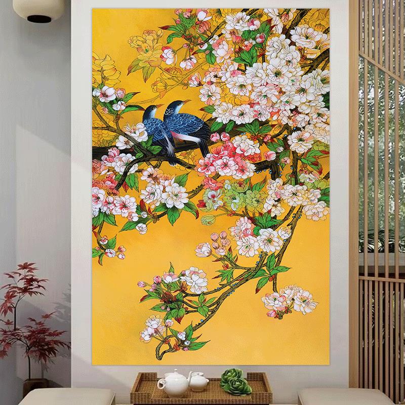 红梅报喜水墨画喜结良缘花鸟风水挂画好运连连寓意图玄关竖版贴画