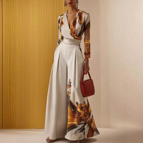 Women's Printed Jumpsuit V-neck Wide-Leg Jumpsuit Long