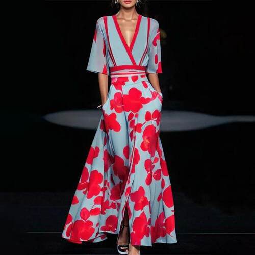 Women's printed pleated waistband dress