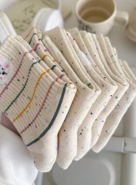 早春新款点子纱中筒袜女创意条纹卡通小兔白色袜子潮学院风