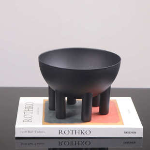 寂侘果盘花瓶风宿度假摆件黑色日式复古风北欧花器高脚民圆形盆花