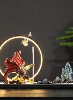 中式禅意灯圈齐天大圣孙悟空陶瓷摆件创意倒流香炉家居玄关装饰品