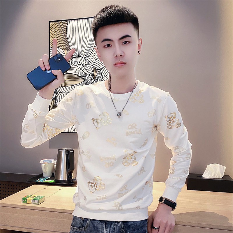 高端潮牌男士小熊烫金卫衣长袖T恤韩版精神小伙 伙痞帅印花套头上