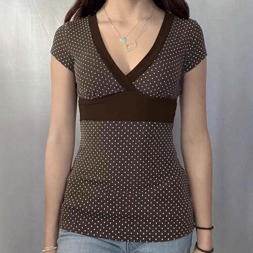 Polka Dot Lace Patchwork V-Neck T-Shirt Y2K Cute Girl Summer