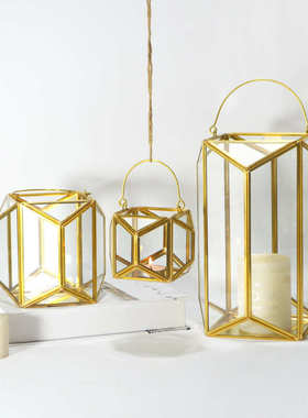 厂家批发手提几何玻璃风灯烛台创意北欧风灯工艺品摆件浪漫蜡烛台