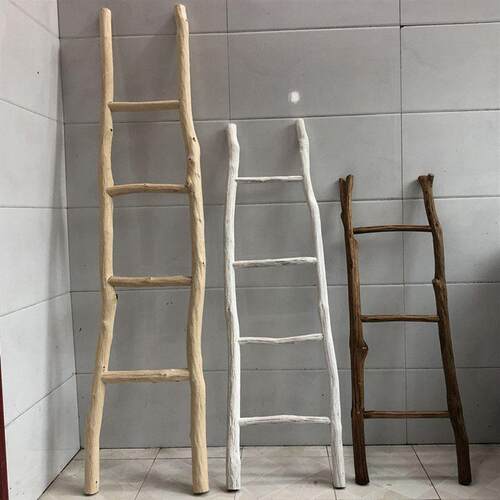 实木干树枝民宿装饰木梯原木复古摆件梯形置物架创意拍照道具梯子