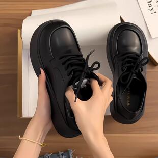 女士春季英伦风小皮鞋黑色2026百搭圆头厚底系带乐福鞋单鞋配裙子