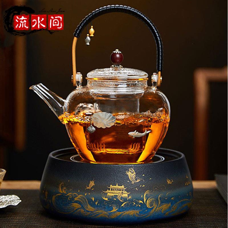 玻璃煮茶壶纯手工镶银蒸汽煮茶器家用黑茶白茶黑晶炉套装高档送礼