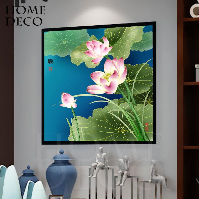 荷花新中式餐厅装饰画现代客厅走廊过道挂画入口书房壁画卧室墙面图片