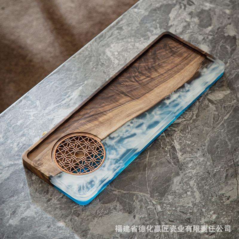 跨境黑胡桃木树脂托盘长方形木质茶盘实木水果盘子木盘茶台干泡盘