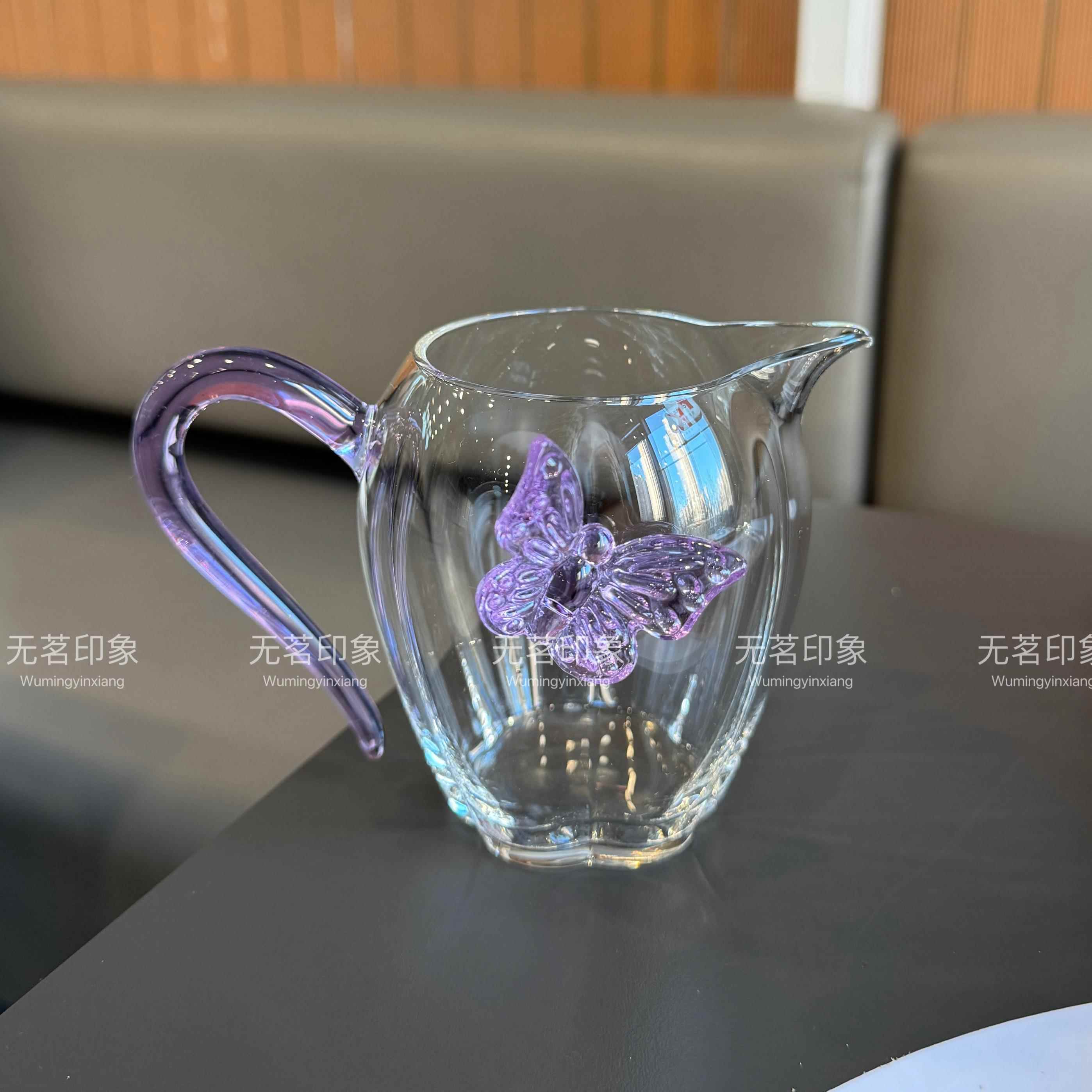 新款春日蝶公道公杯杯带把花蝴IMH形分器茶耐高温玻璃家用匀杯茶