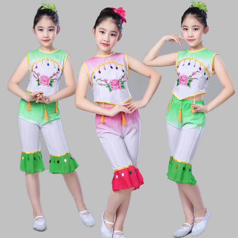 高档儿童演服喜庆扇舞蹈服子新款秧歌服出民舞古族典表演服红绿色