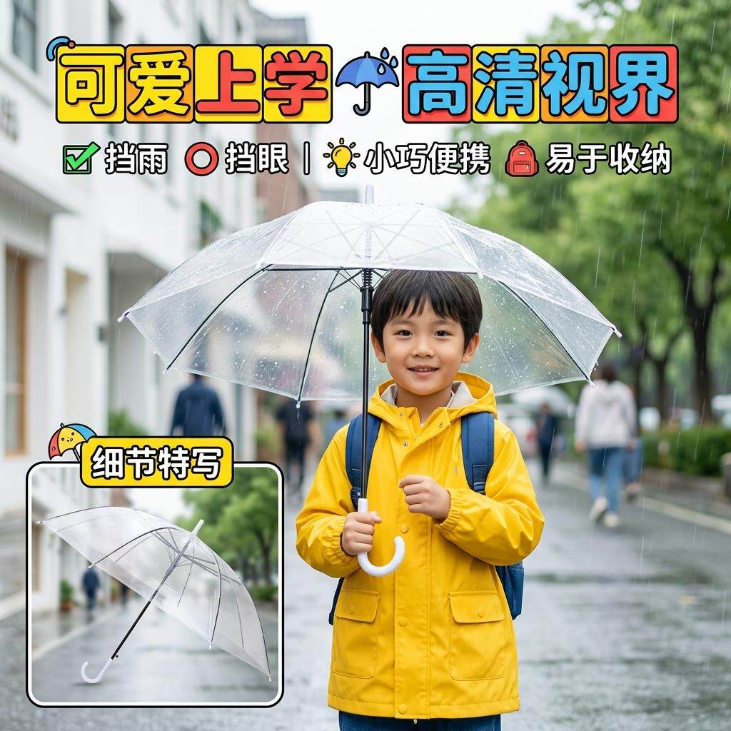 儿童雨伞学生上学专用轻便款中大童男孩女孩长柄直杆彩色透明雨伞